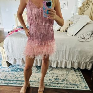 Light pink feather/fringe dress/ 20s theme